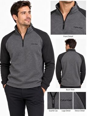 Calvin Klein Men's Charcoal Gray and Black Quarter-Zip Pullover